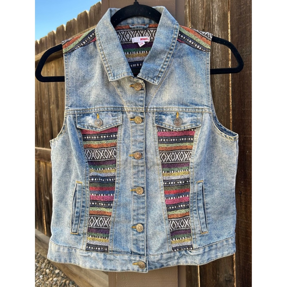 Bongo Womens L Denim Vest Southwestern Woven Stripe Boho Western Jean